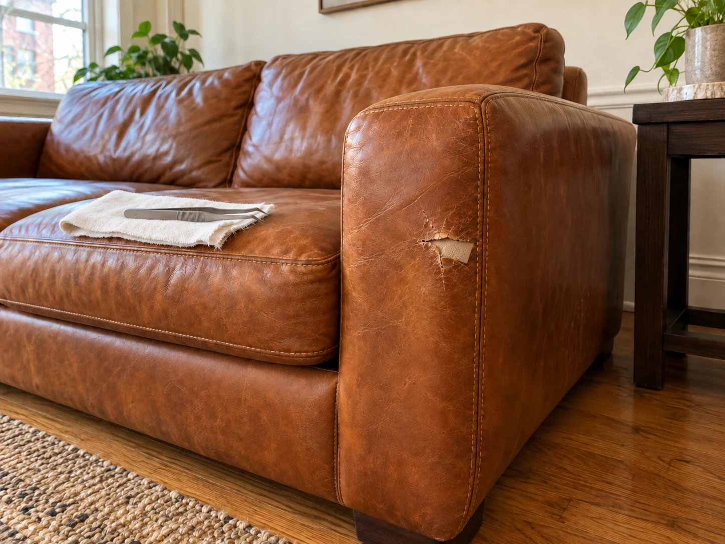 A grain pad pressed into the filled area of a sofa arm
