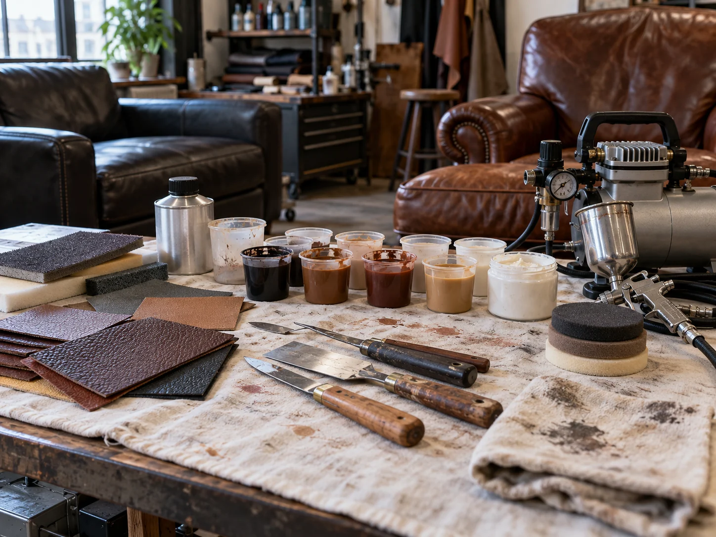 Leather repair tools laid out on a clean cloth before a job