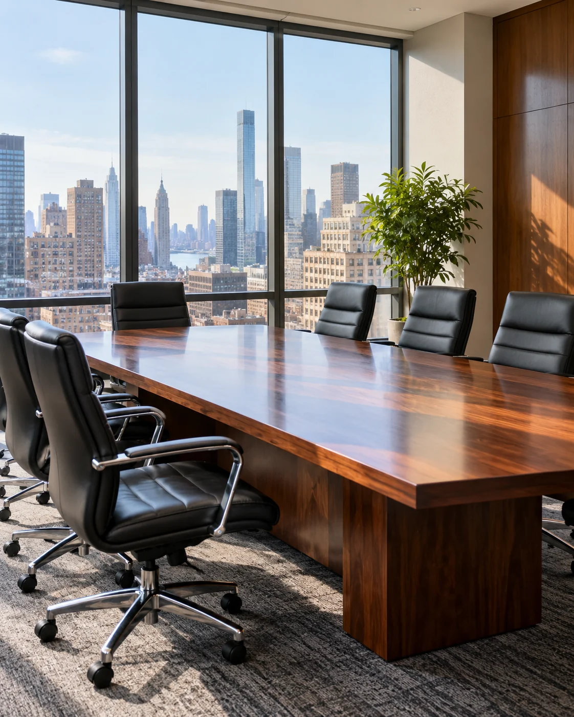 A conference room of leather chairs