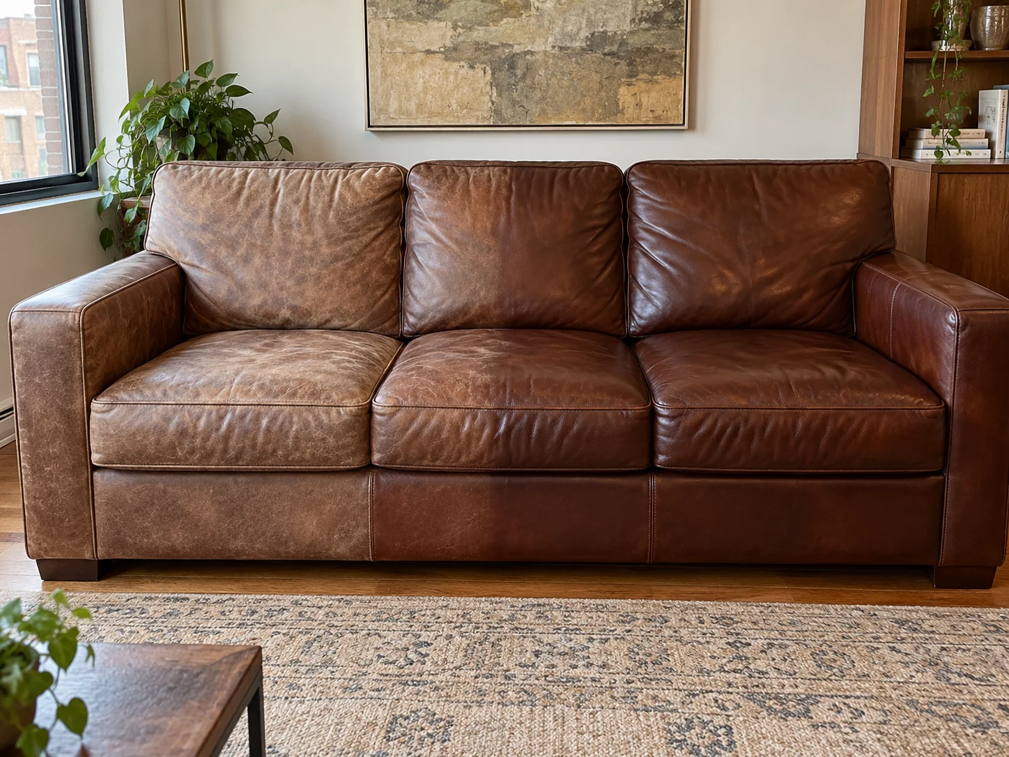 A faded leather sofa half restored with a clean line down the middle