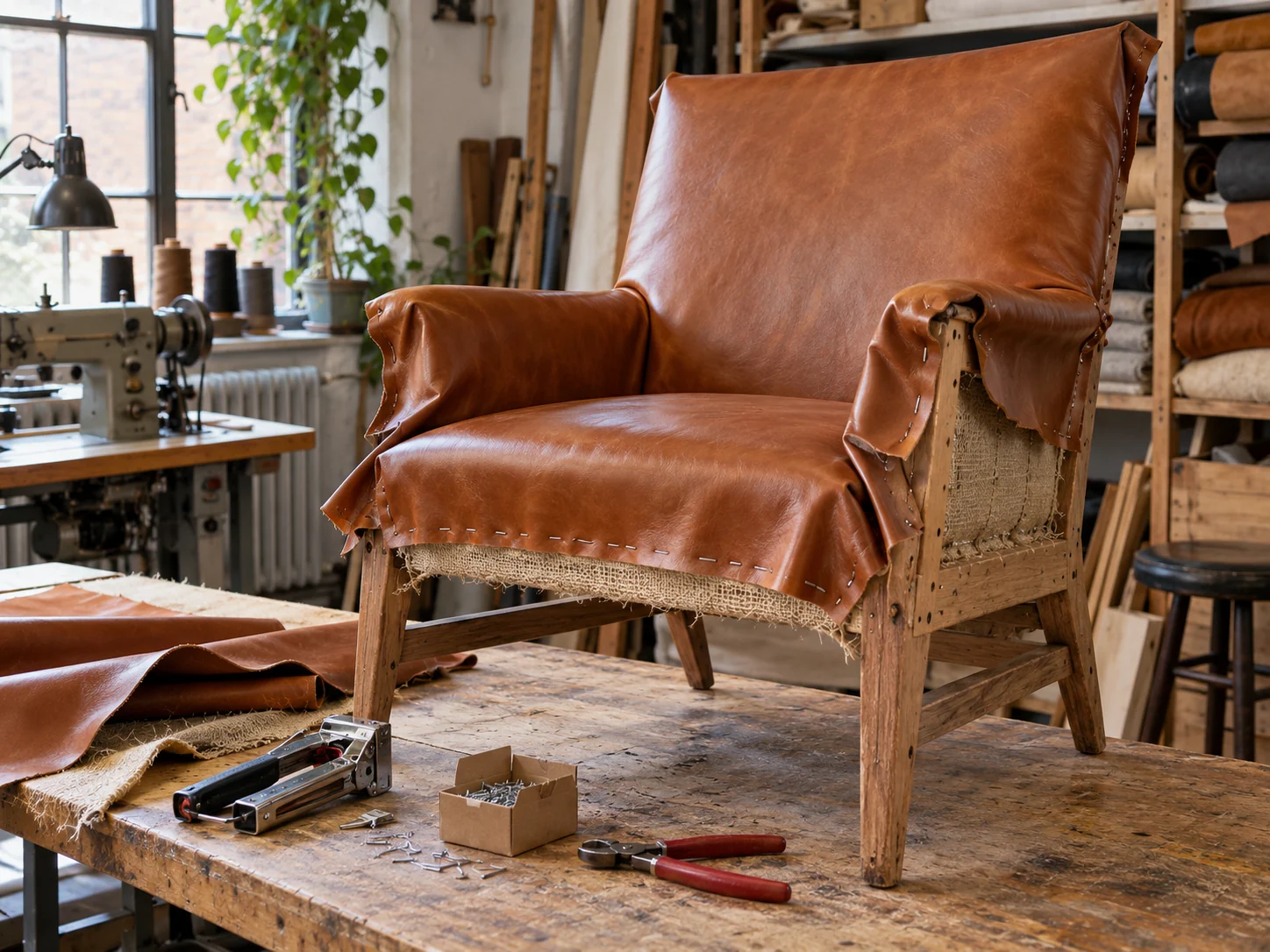 A chair frame on the bench with a new cover being fitted