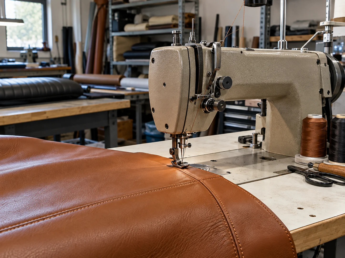 An industrial sewing machine with a leather panel under the foot