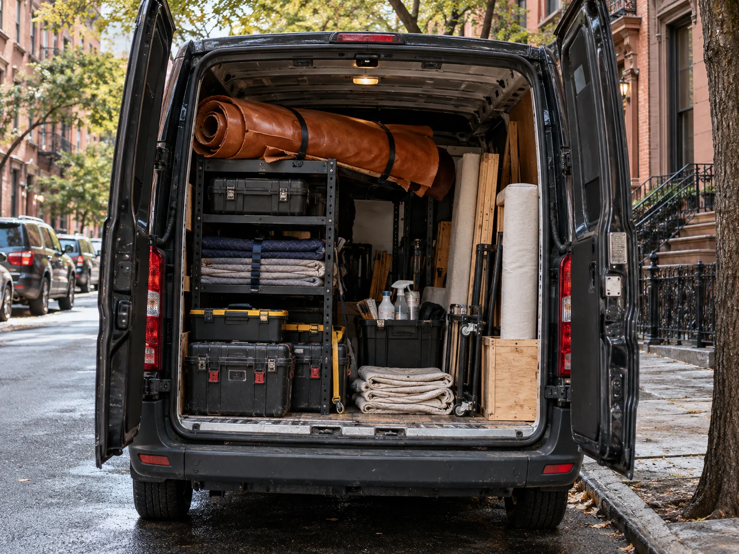 Leather Restore PRO van loaded with tools and hides