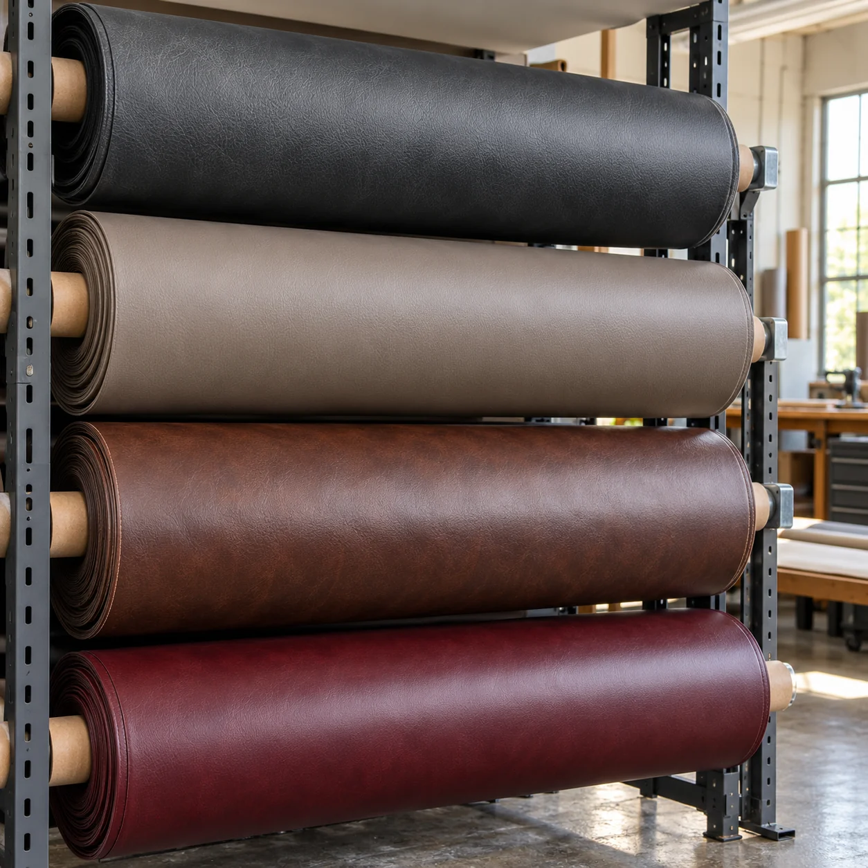 Rolls of commercial vinyl standing in a rack