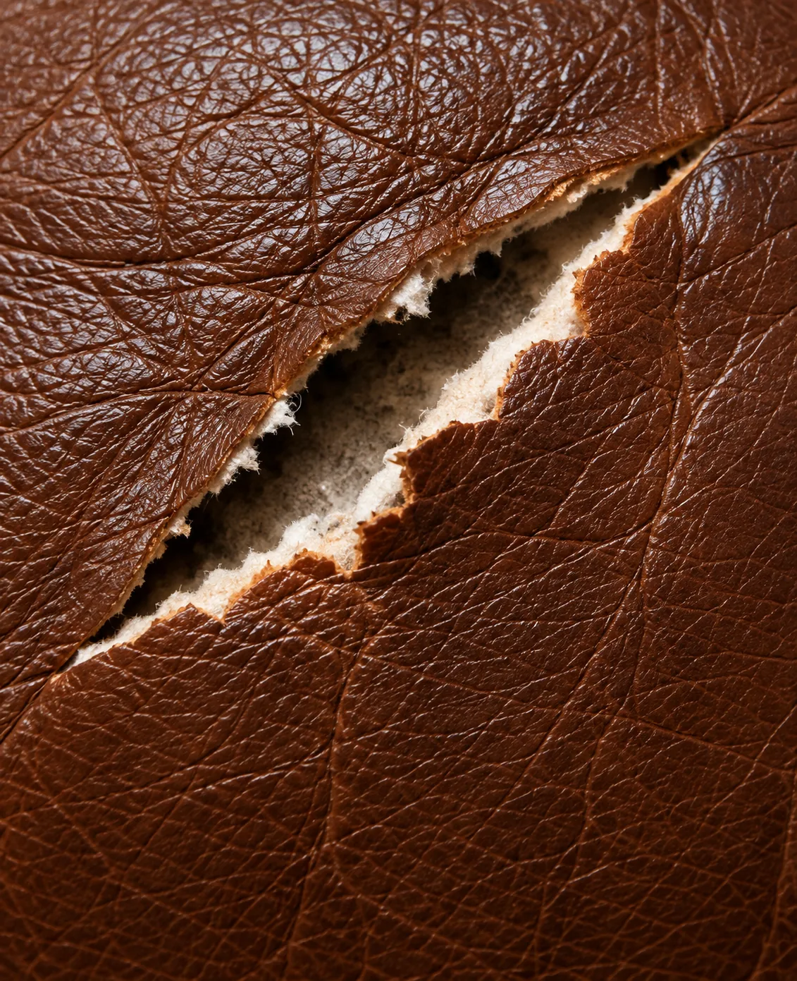 A rip in a brown leather cushion branching away from the main opening