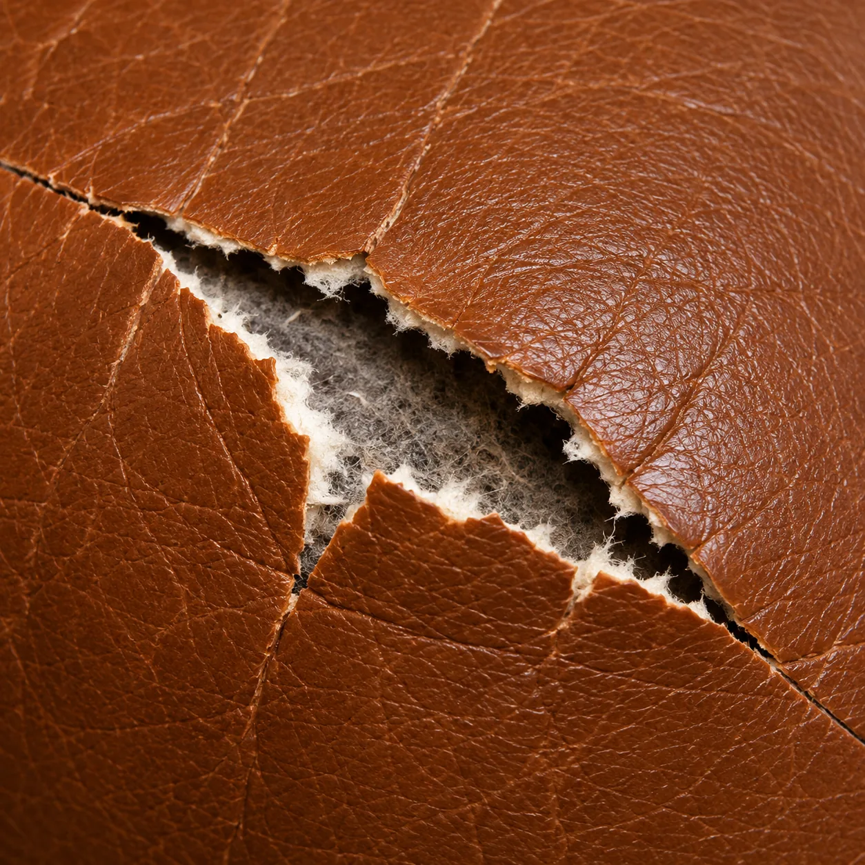 A rip in a tan leather cushion with the edges pulled apart and the fibre backing showing
