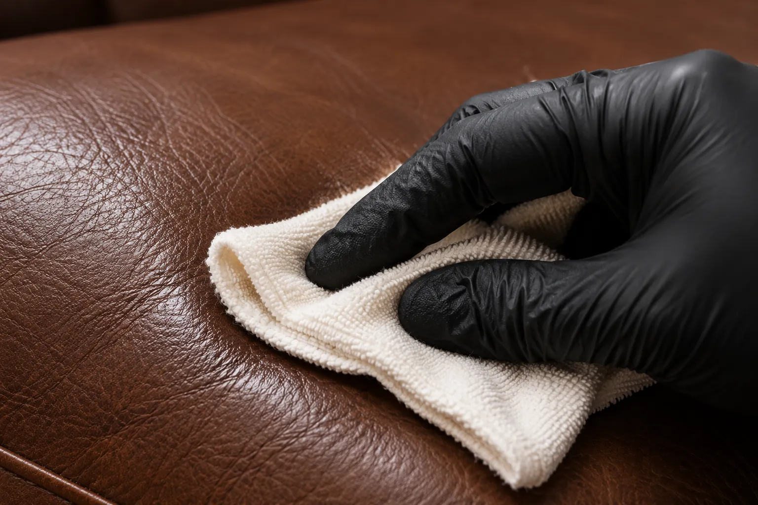 A gloved hand wiping a brown leather seat panel clean before a rip repair