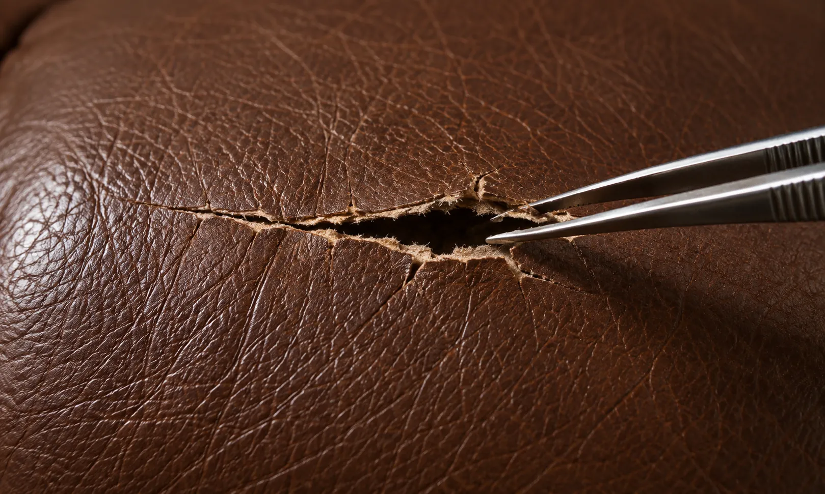 Tweezers lifting the ragged edge of a rip in brown leather to place a backing layer