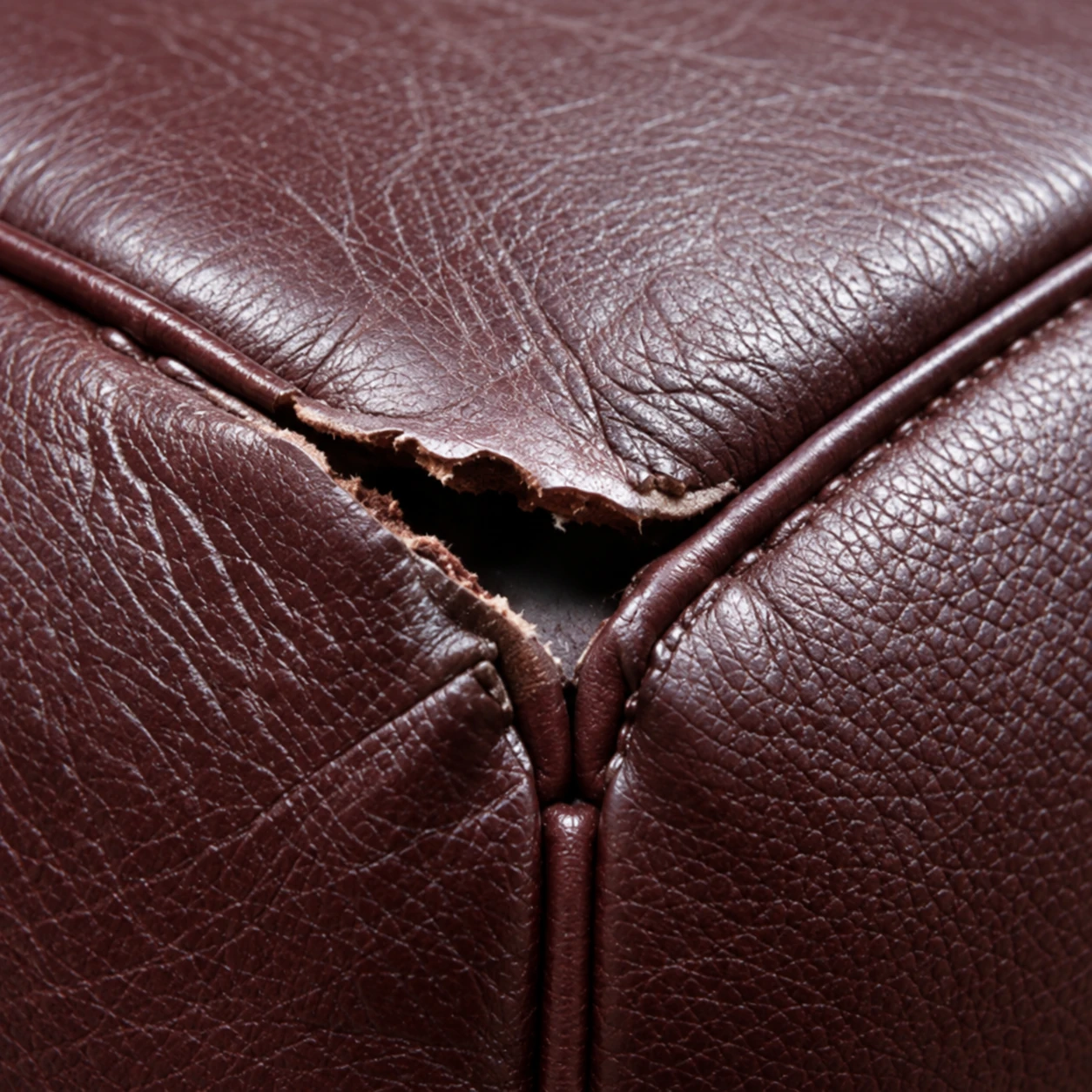 A burgundy leather corner split open along the seam
