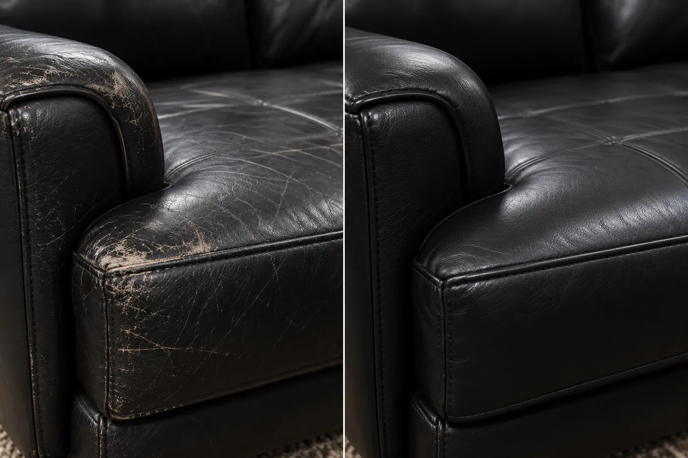 A black leather arm worn pale along the top roll, shown beside the same arm with the wear corrected