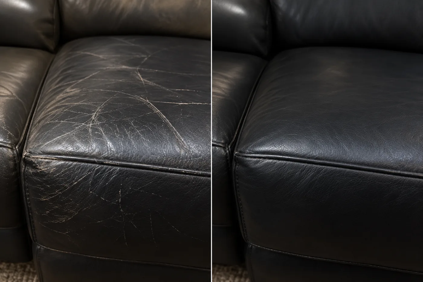 A black leather seat covered in pale scuff lines, shown beside the same seat with an even finish