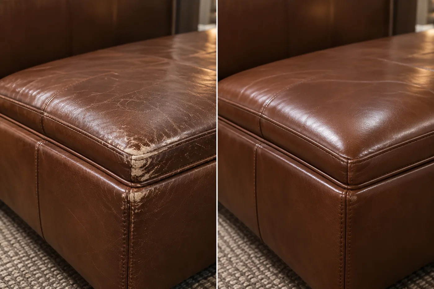 A brown leather bench with the front corner rubbed back to fibre, shown beside the same corner repaired