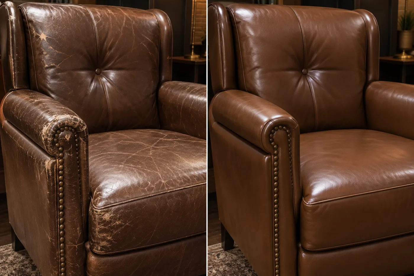 A brown leather club chair with the arm crown rubbed pale, shown beside the same chair with an even finish