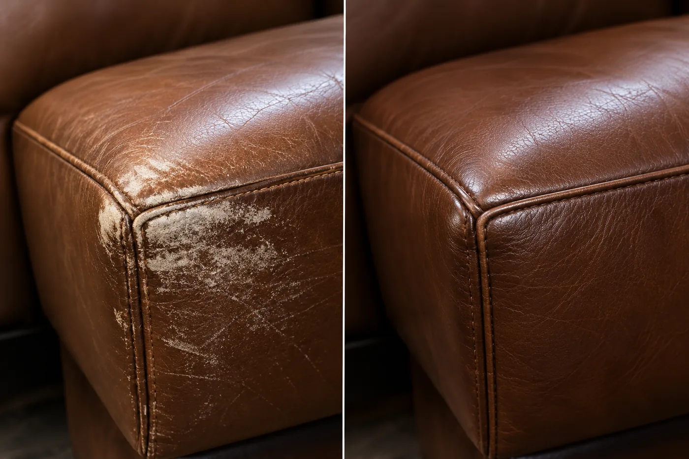 A brown leather corner with the grain torn open and gone chalky, shown beside the same corner rebuilt