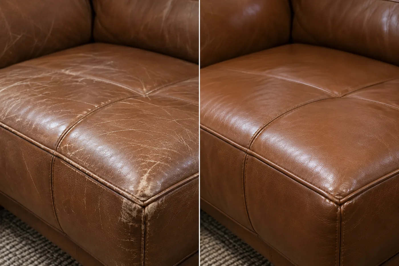 A brown leather seat cushion with a burnished worn streak, shown beside the same cushion with the streak gone