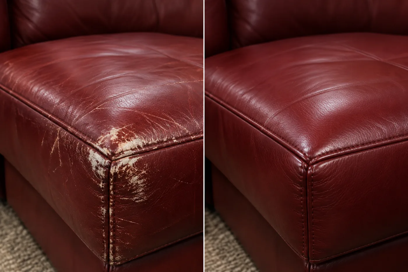 A burgundy leather cushion with the corner rubbed back to pale fibre, shown beside the same corner repaired
