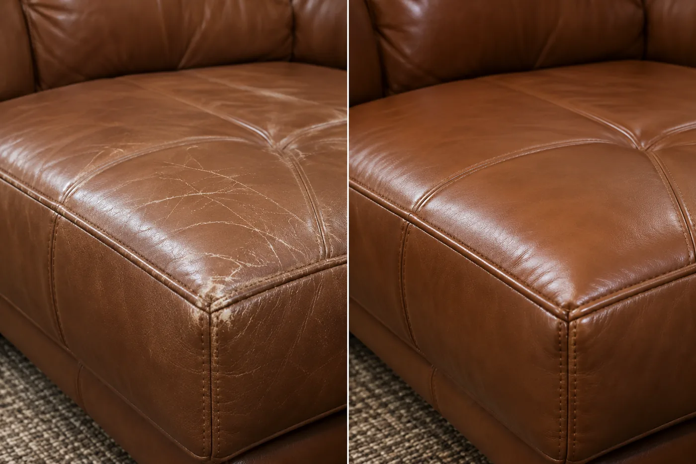 A caramel leather cushion with one pale rubbed patch at the front edge, shown beside the same cushion repaired