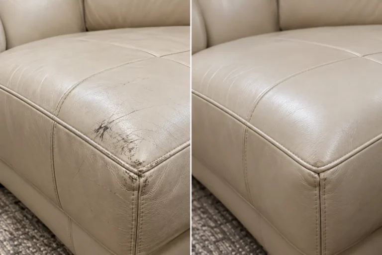 Cream cushion before and after leather scratch repair