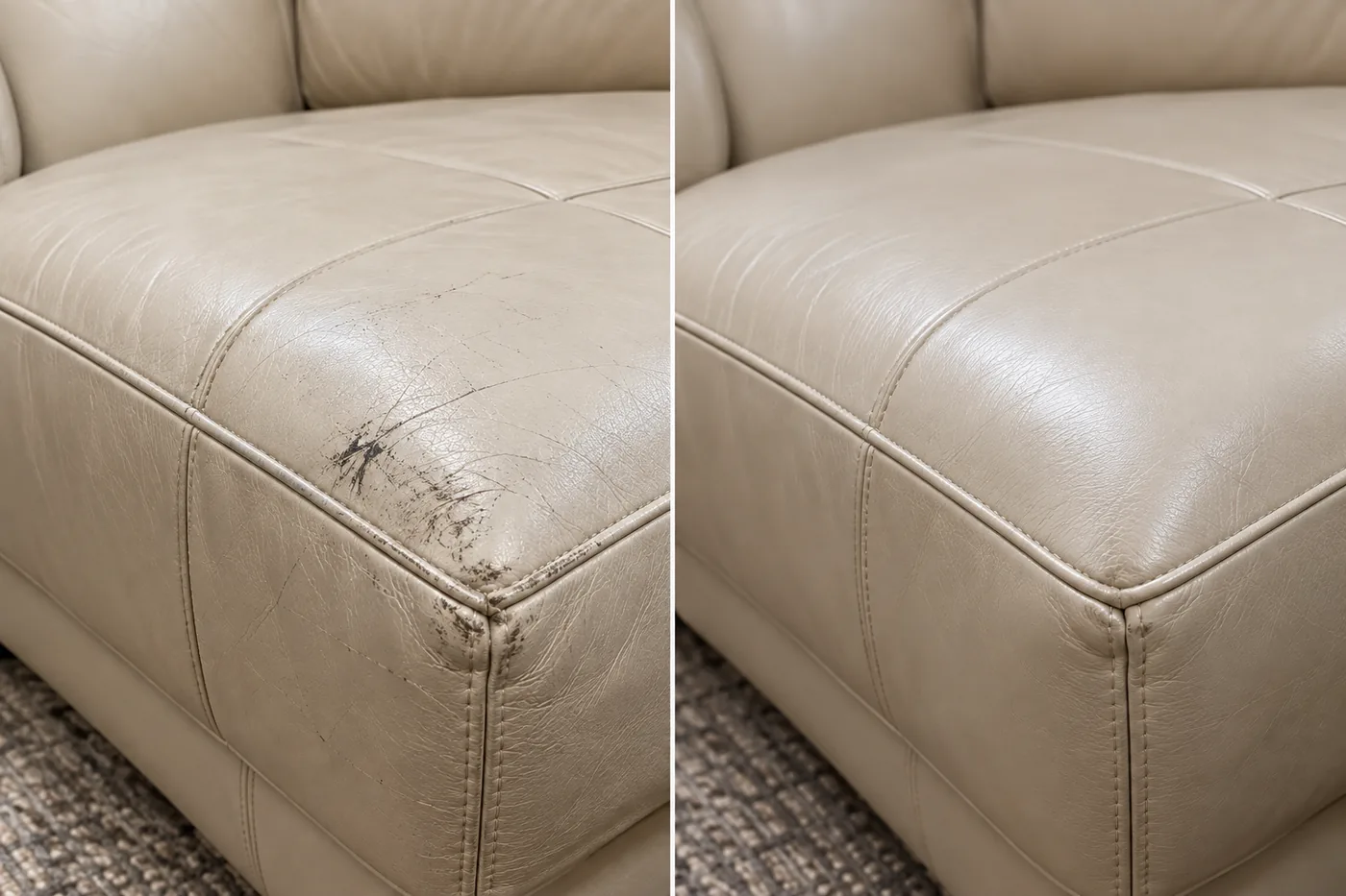 A cream leather cushion marked with dark transfer streaks, shown beside the same cushion cleaned and even
