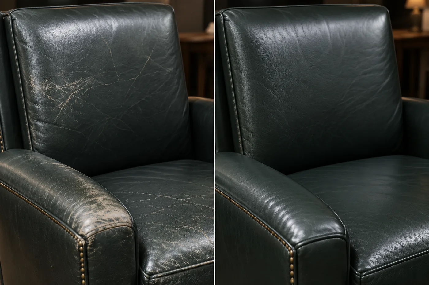 A dark green leather club chair worn along the arm and hazed across the back, shown beside it corrected