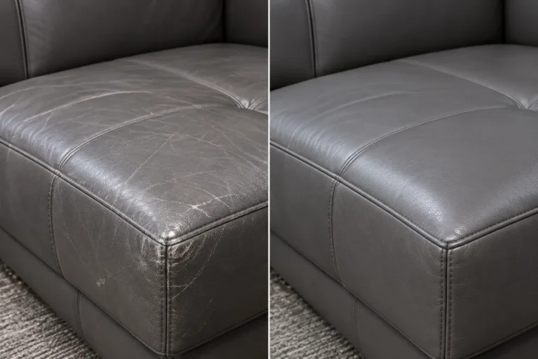 Grey cushion before and after leather scratch repair