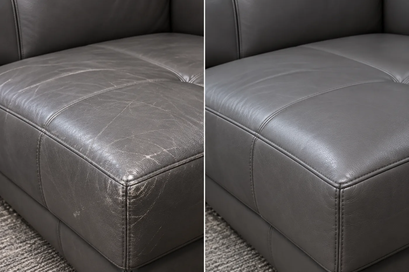 A grey leather cushion crossed by fine pale scuff lines, shown beside the same cushion with the lines gone