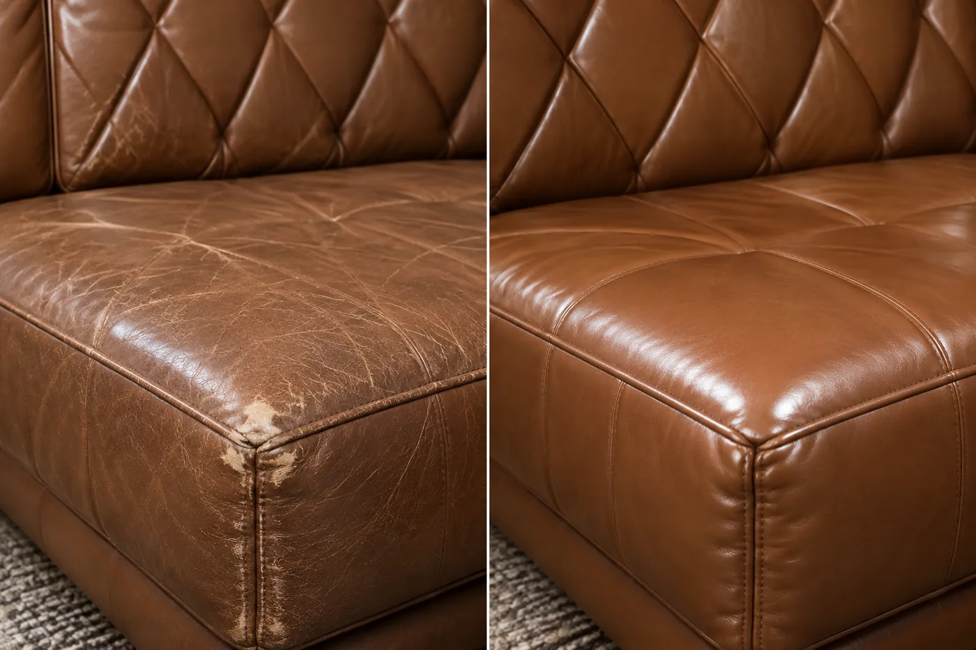 A tan tufted leather seat with a worn front corner, shown beside the same seat with the corner rebuilt