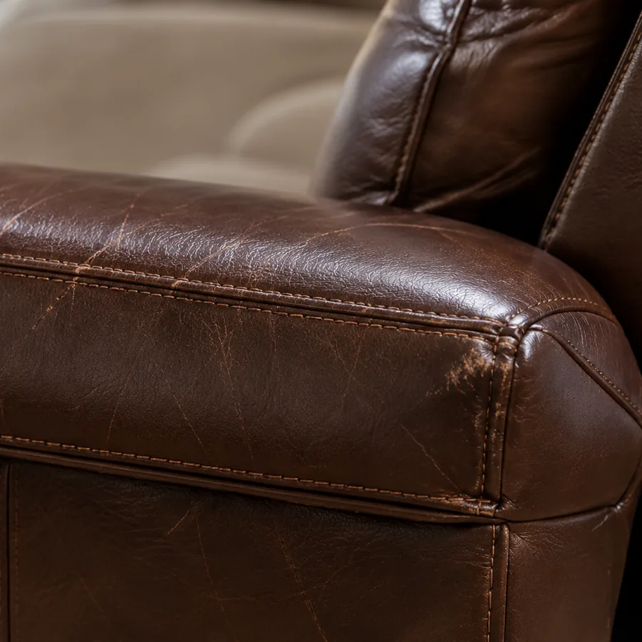 Armrest of a leather sofa where hands and sleeves make contact
