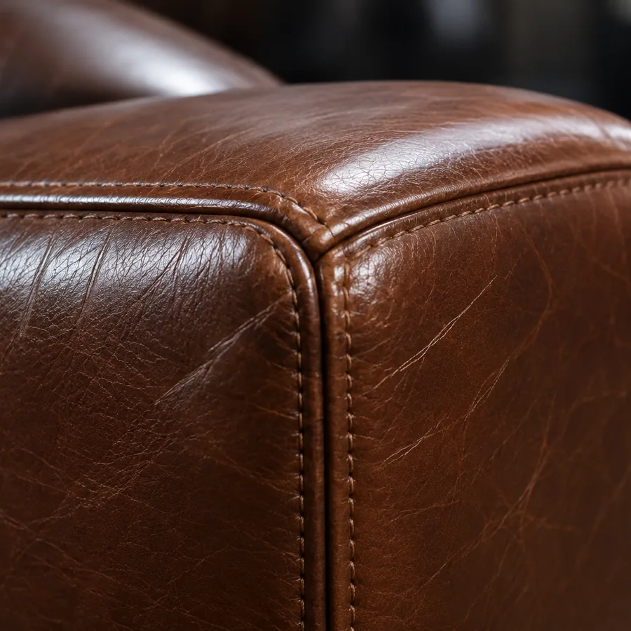 Back corner panel of a leather sofa still carrying its original deep color