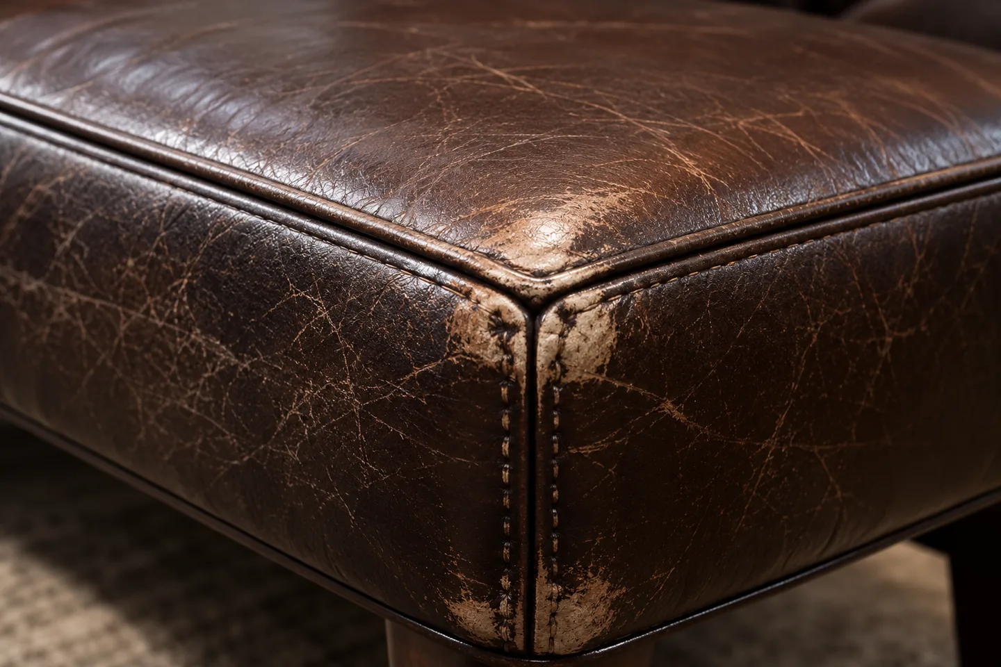 The corner of a dark brown leather seat worn through to pale fibre beside the stitching