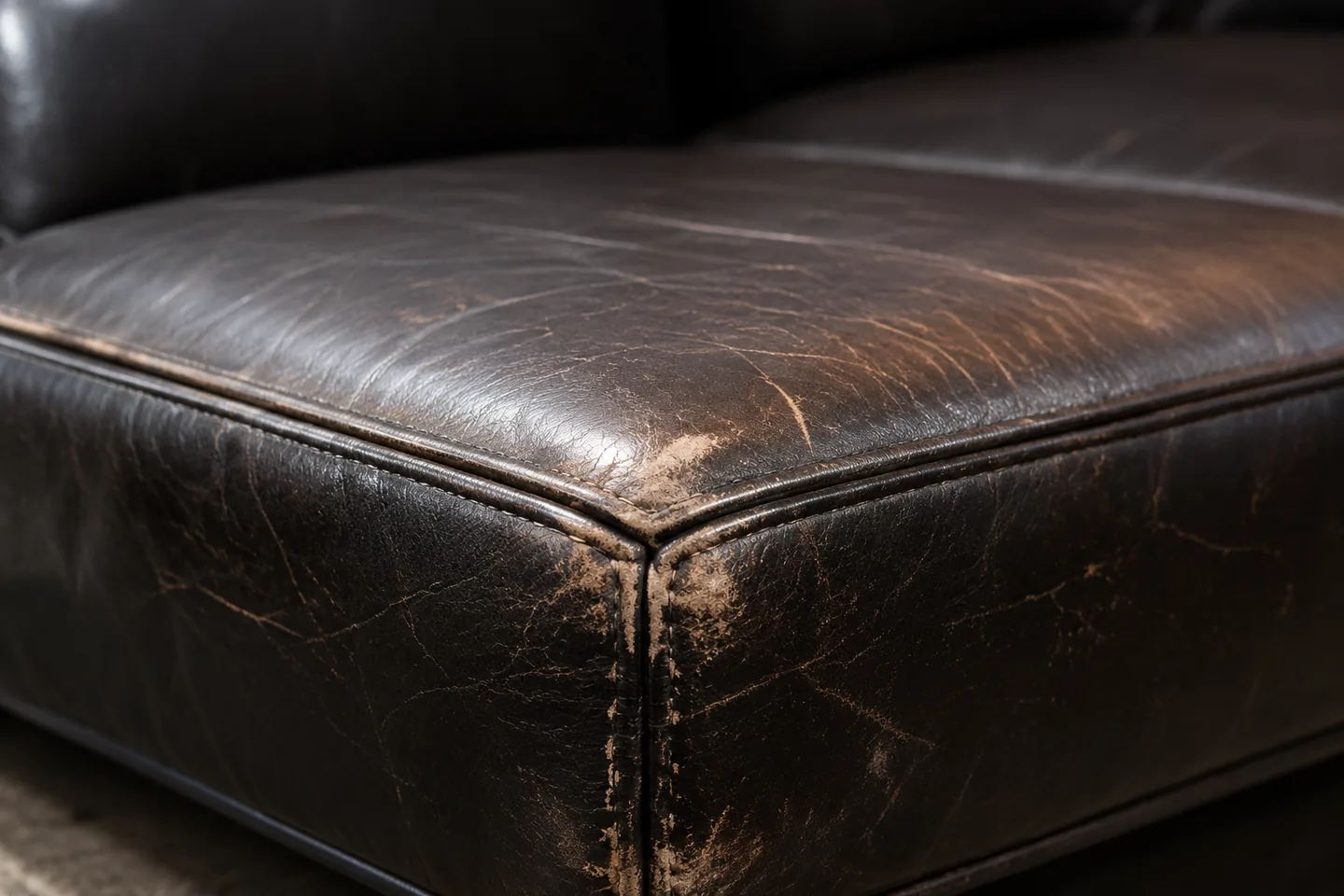 The front edge of a dark brown leather seat cushion worn pale along the welt