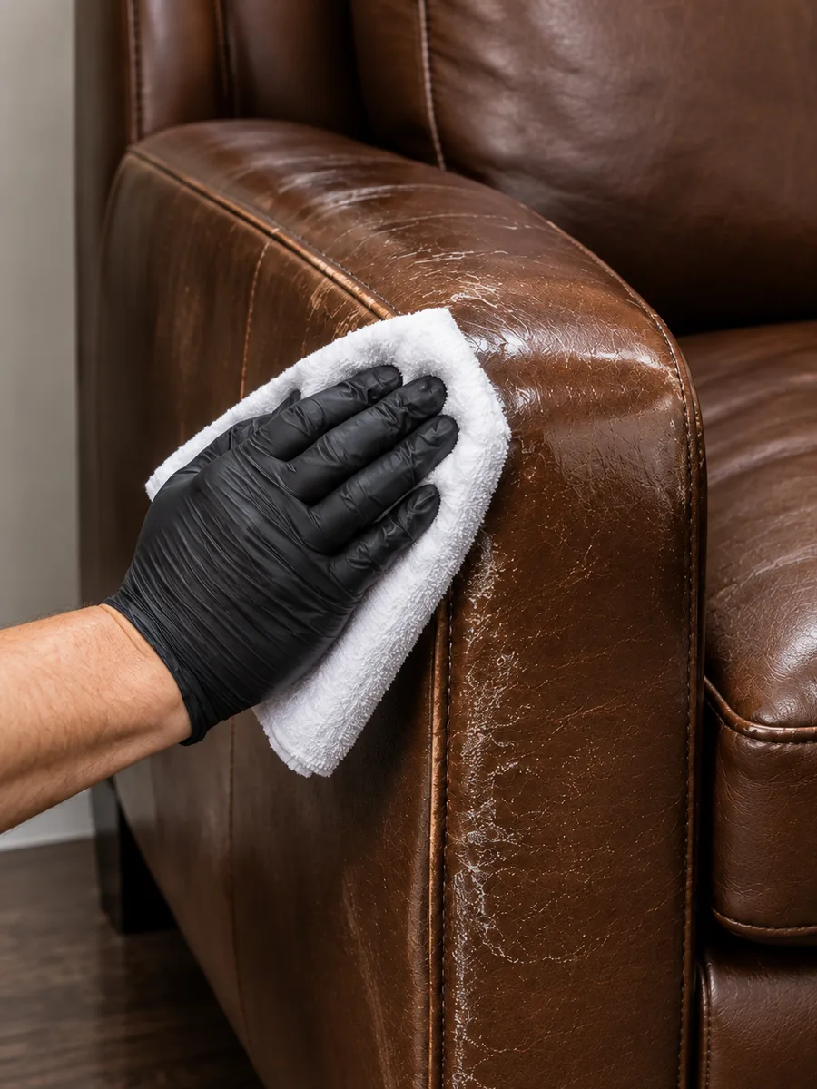 A gloved hand drawing a white cloth across the same scuffed brown leather sofa arm