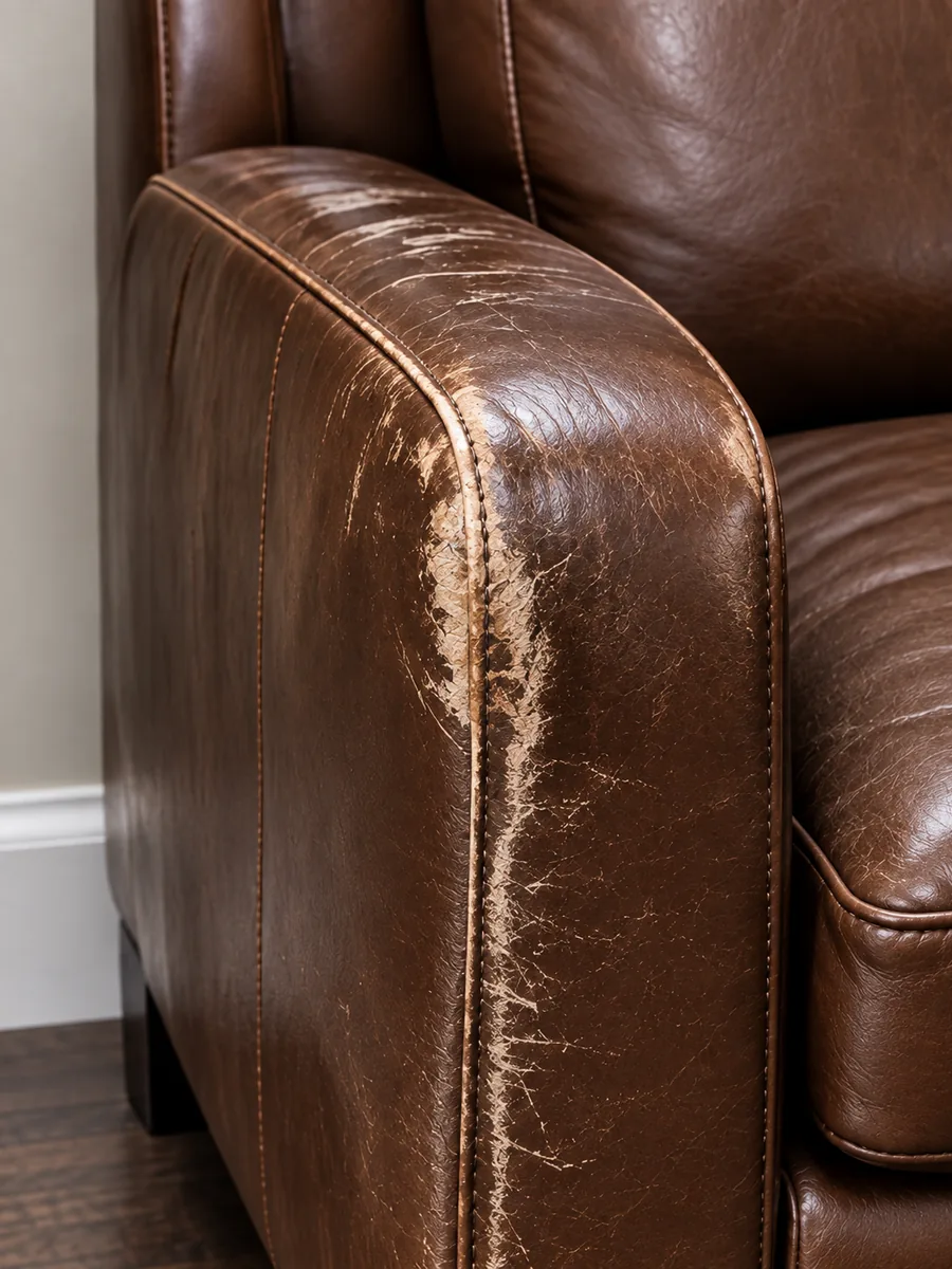 The outside arm of a brown leather sofa worn pale along the front edge, the finish rubbed back to lighter fibre