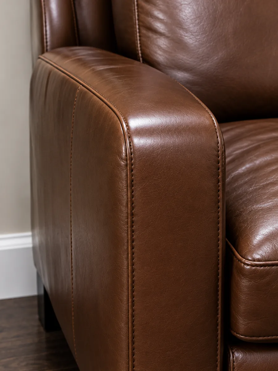 The same sofa arm finished, the front edge back to one colour and one sheen with the panel around it