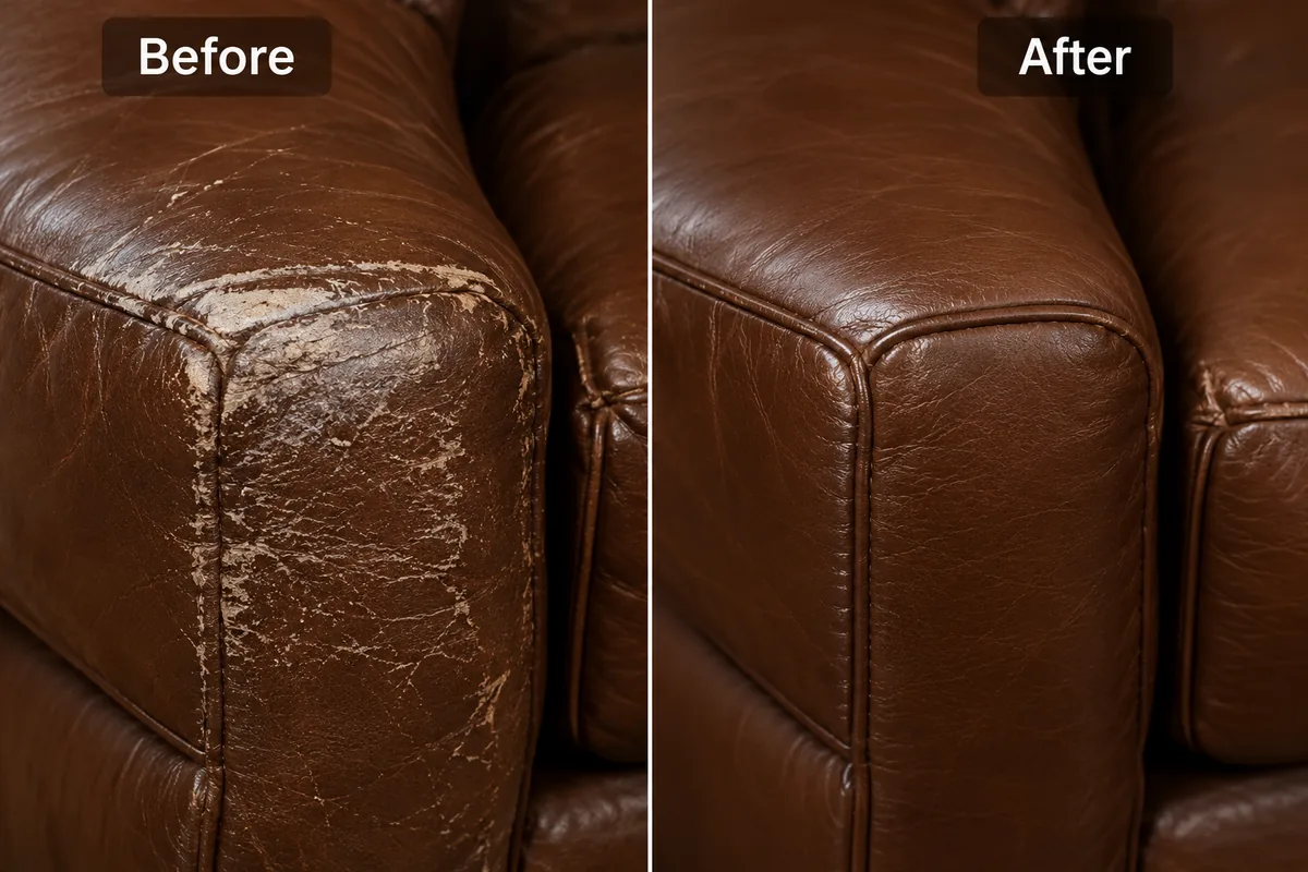 The front of a brown leather armrest worn pale over a wide area, beside the same armrest repaired