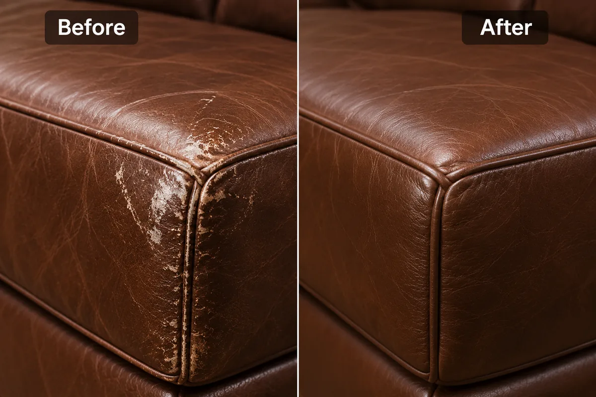 A brown leather corner gone pale where the colour has worn off, beside the same corner recoloured