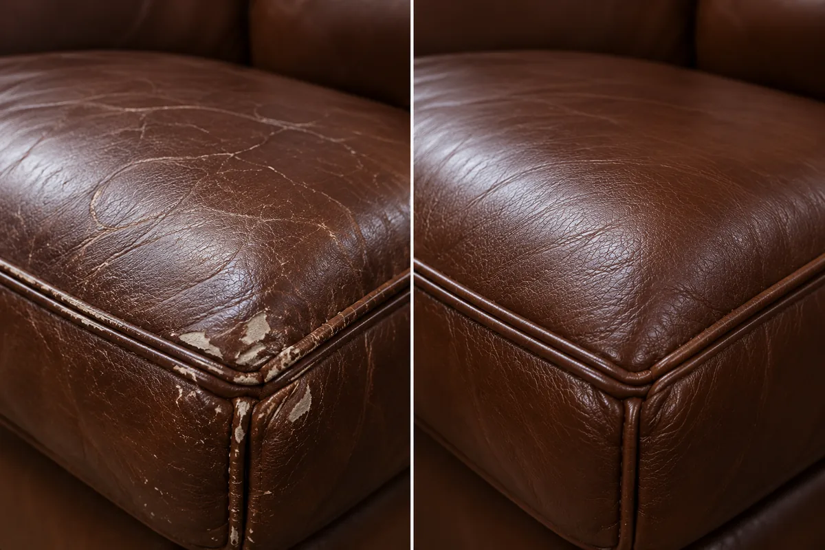 A brown leather seat corner with the finish rubbed away along the piped edge, beside the same corner repaired