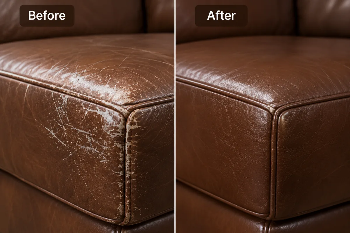 The front edge of a brown leather seat scuffed pale along the roll, beside the same edge repaired