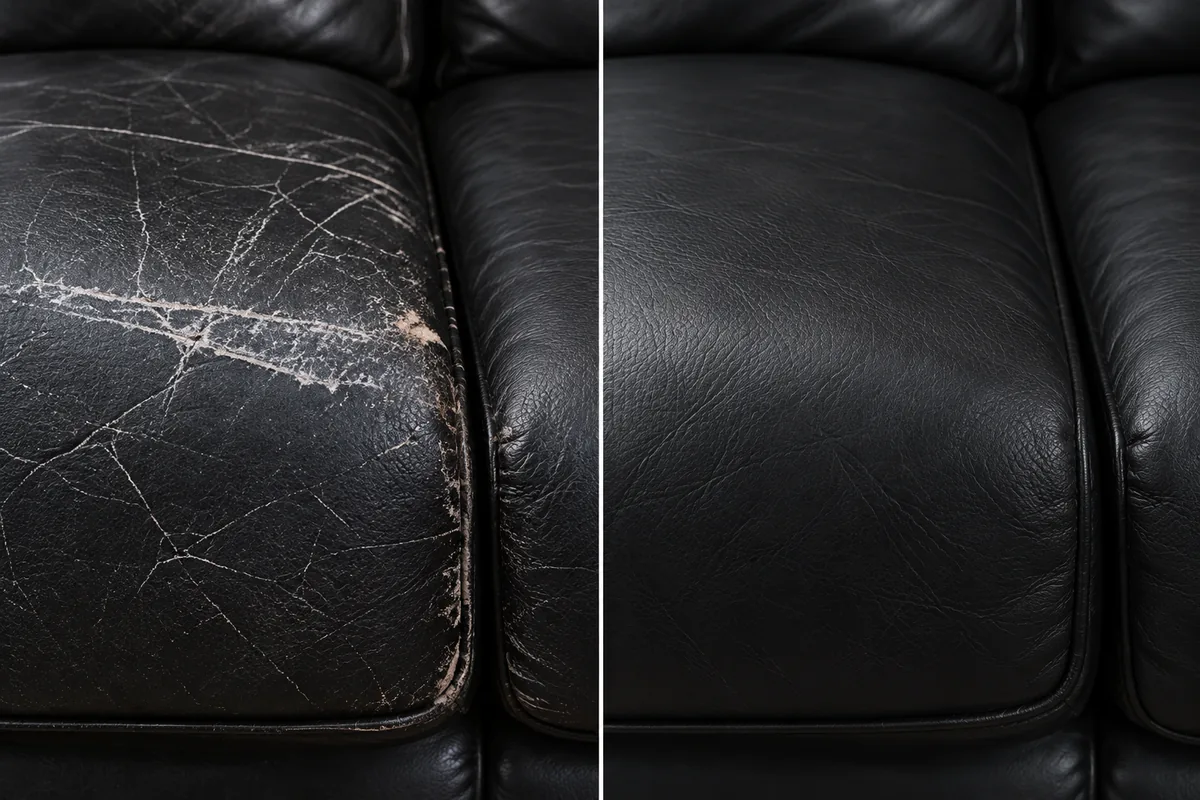 A black leather cushion crossed by pale scuff marks, beside the same cushion with an even finish