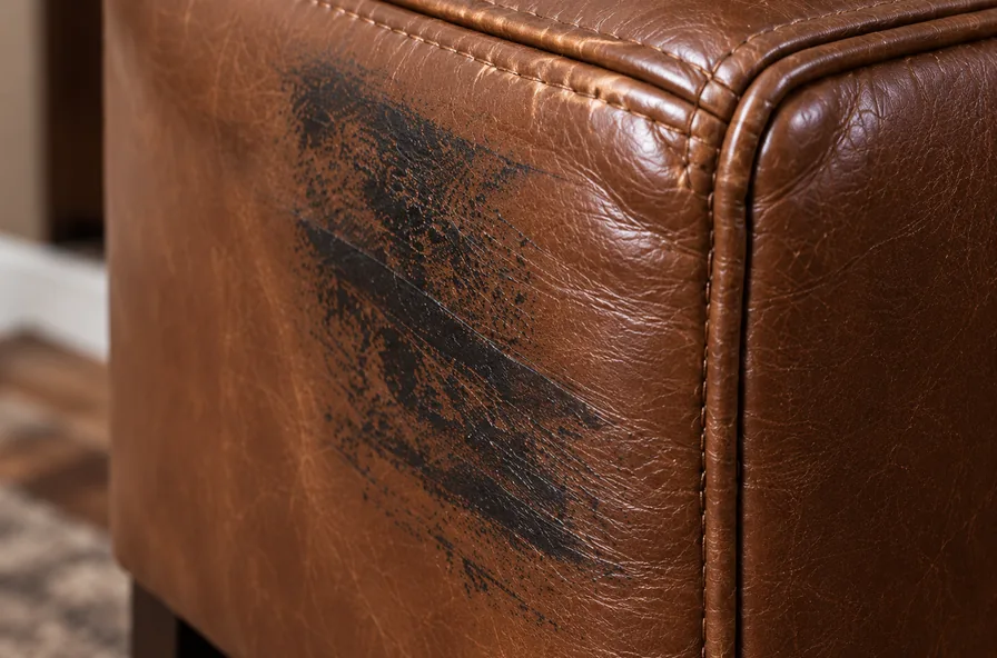 A dark smeared mark sitting on the side panel of a brown leather chair, the grain beneath it unbroken