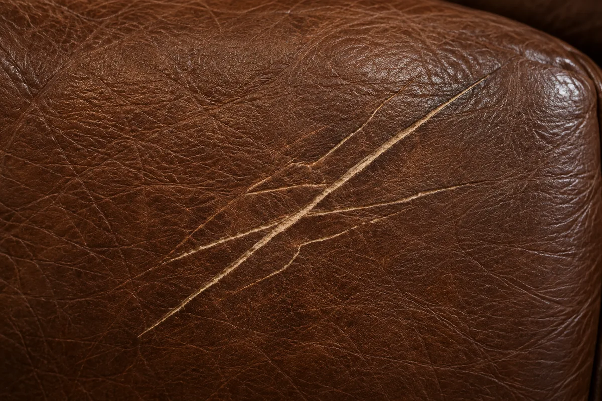 A close view of brown leather cut by a single narrow pale line with clean edges
