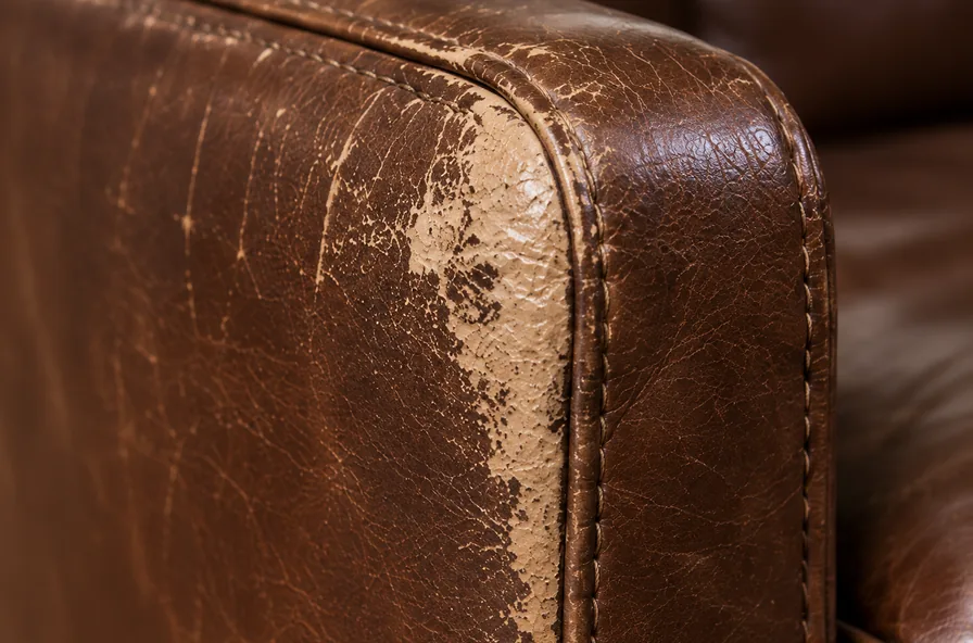 The front edge of a brown leather arm worn back to bare pale fibre along the seam, the finish gone