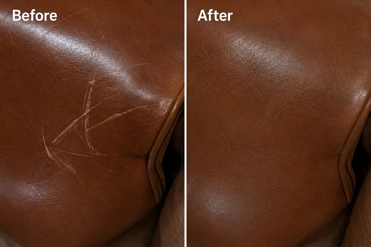 Close-up of a brown leather chair arm before and after scuff and abrasion repair