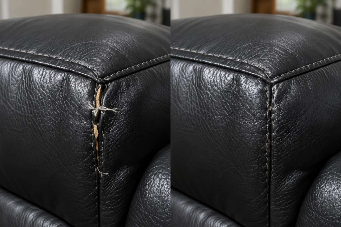 Before and after on a black leather corner, the open stitch line on the left and the closed one on the right