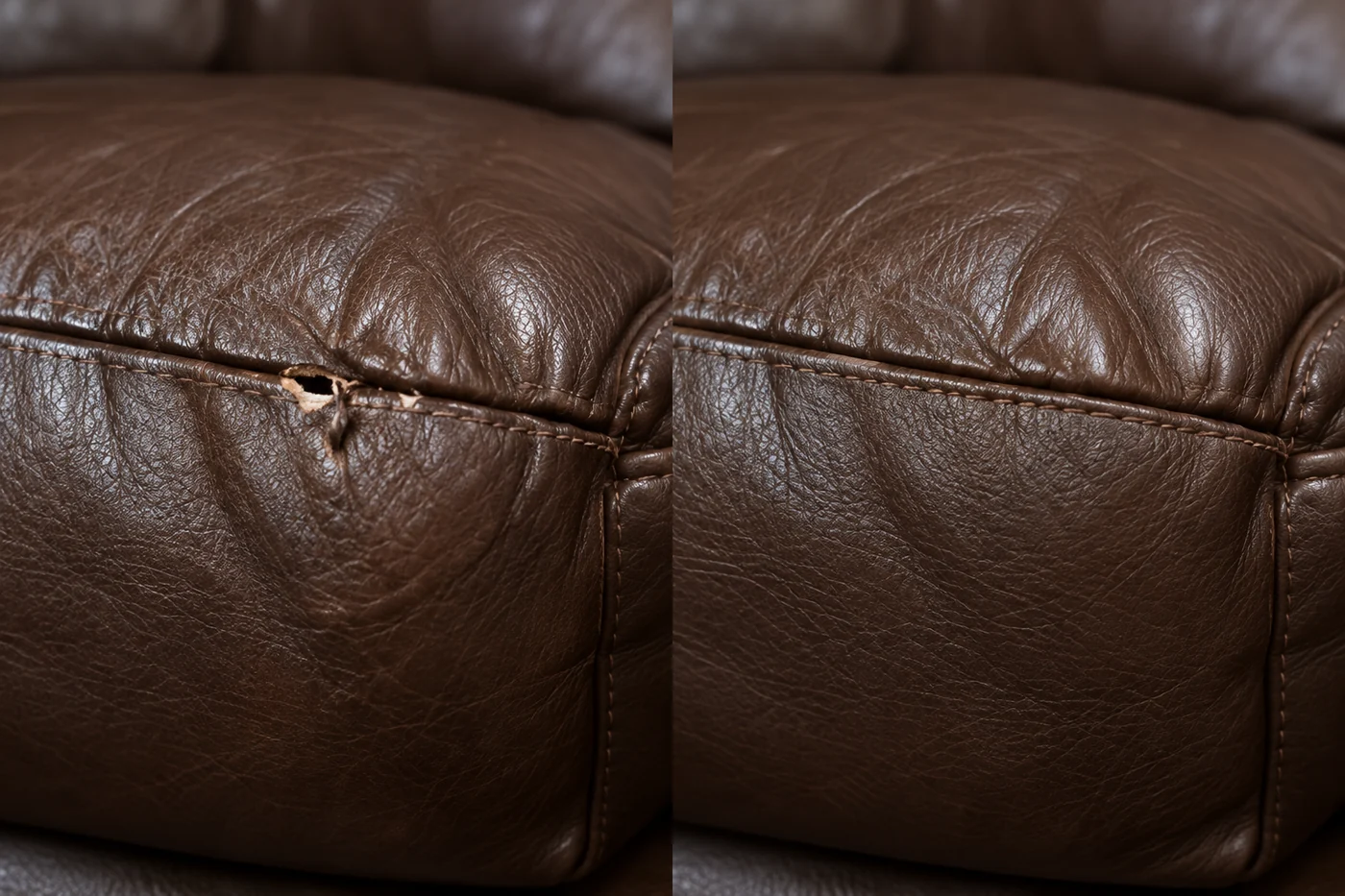 Before and after on a dark brown leather seat, the torn seam on the left and the restored seam on the right