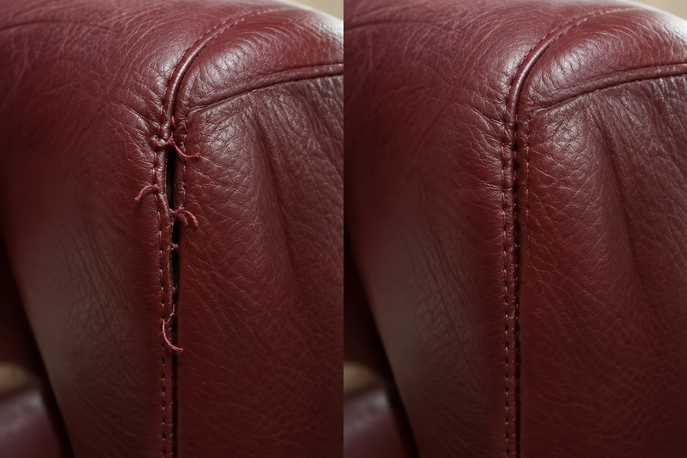 Before and after on a burgundy leather arm, the split seam on the left and the repaired seam on the right