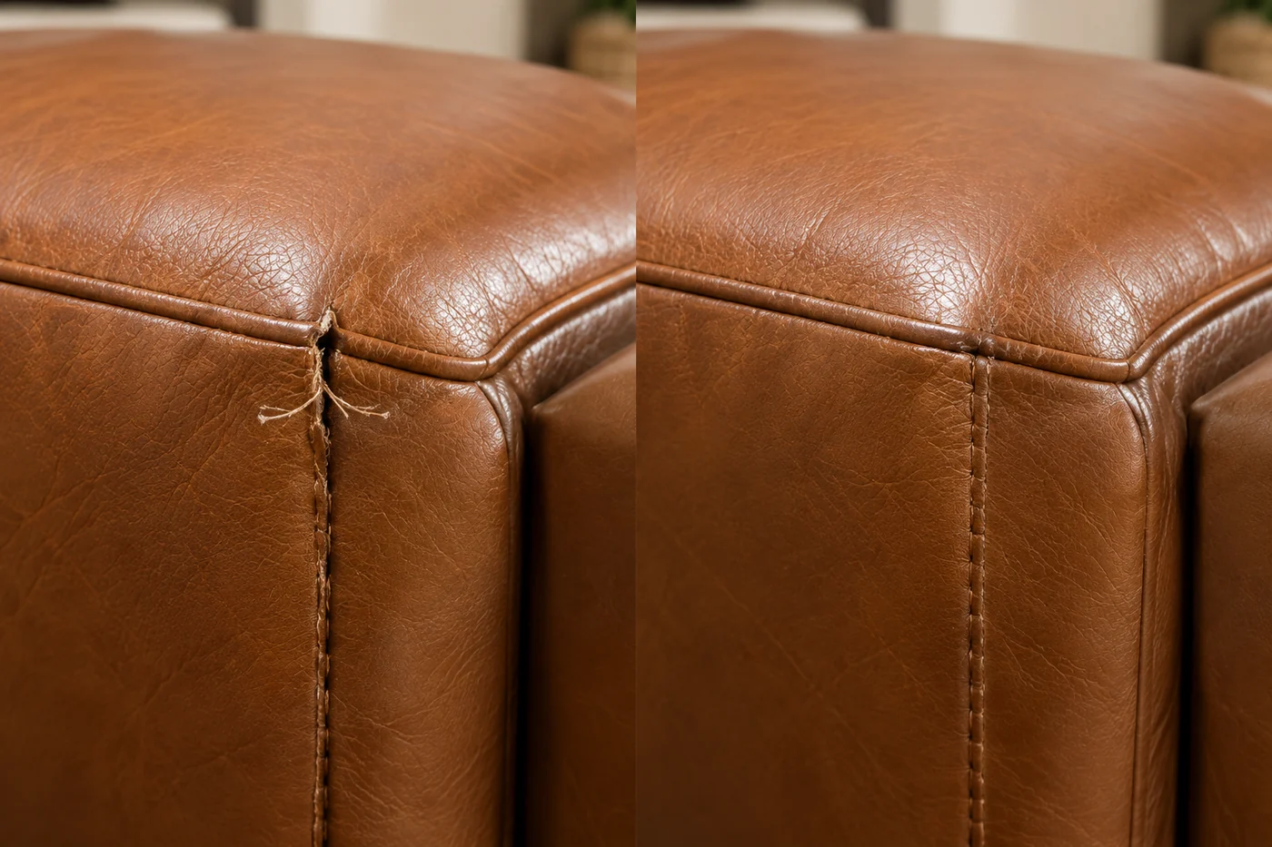 Before and after on a caramel leather corner, the gaping seam on the left and the even stitching on the right