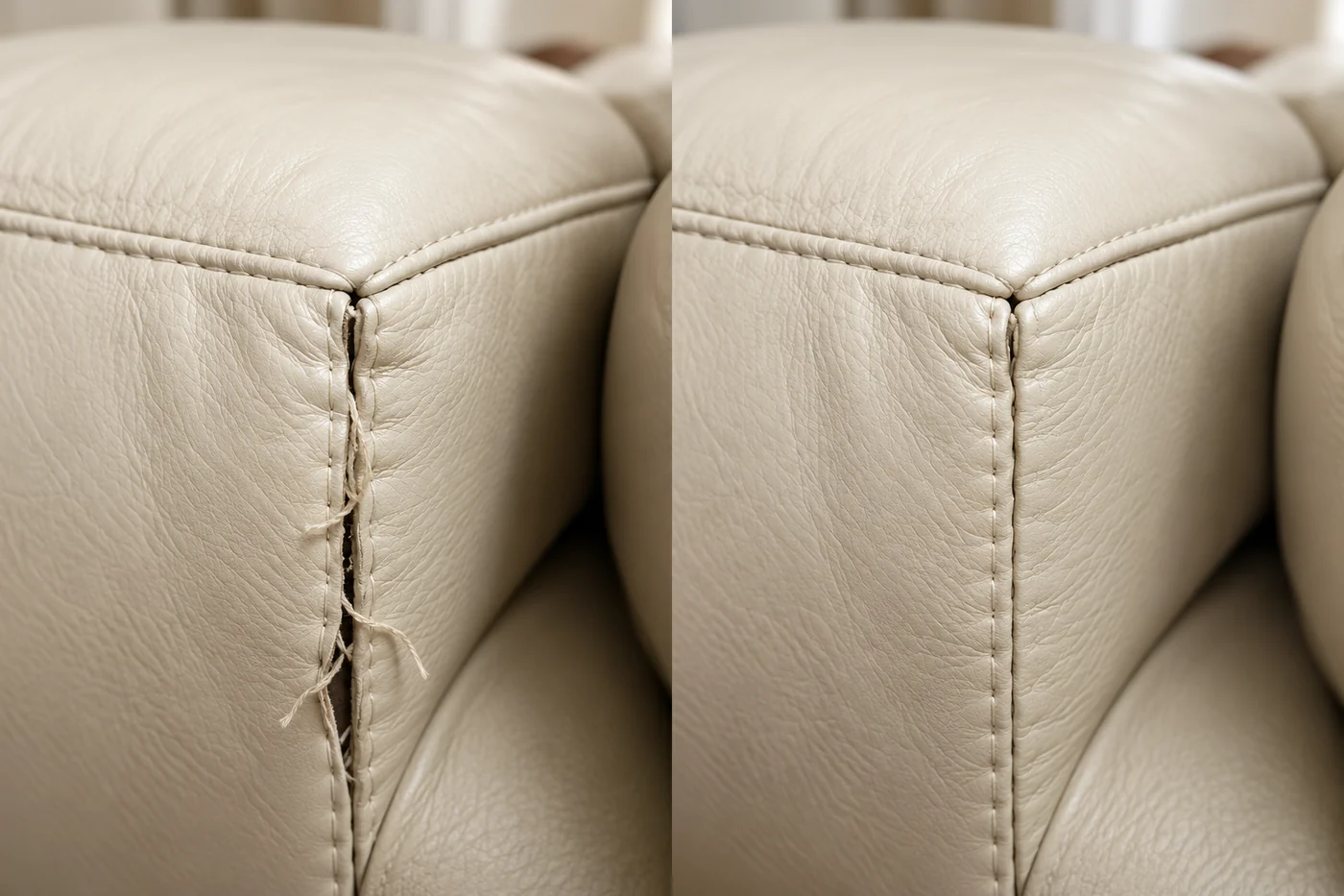 Before and after on a cream leather corner, the parted seam on the left and the restitched line on the right
