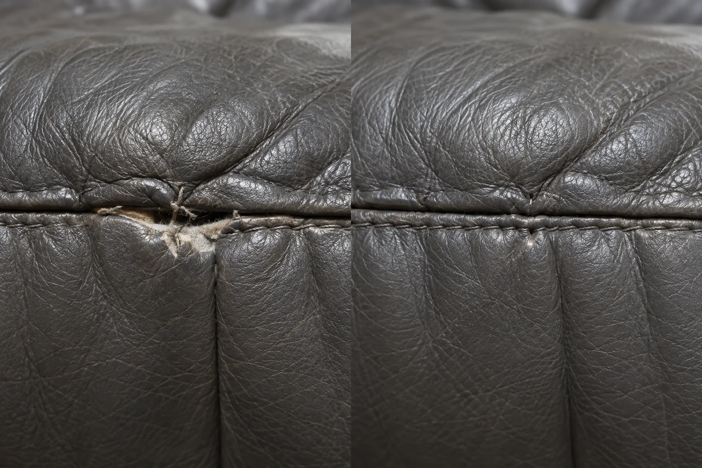 Before and after on a grey leather cushion, the failed seam on the left and the finished seam on the right