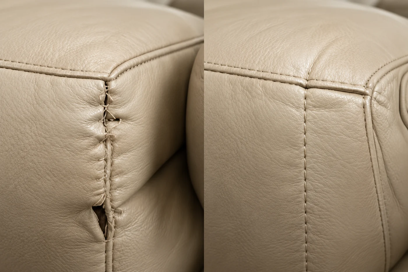 Before and after on an ivory leather corner, the opened seam on the left and the closed seam on the right